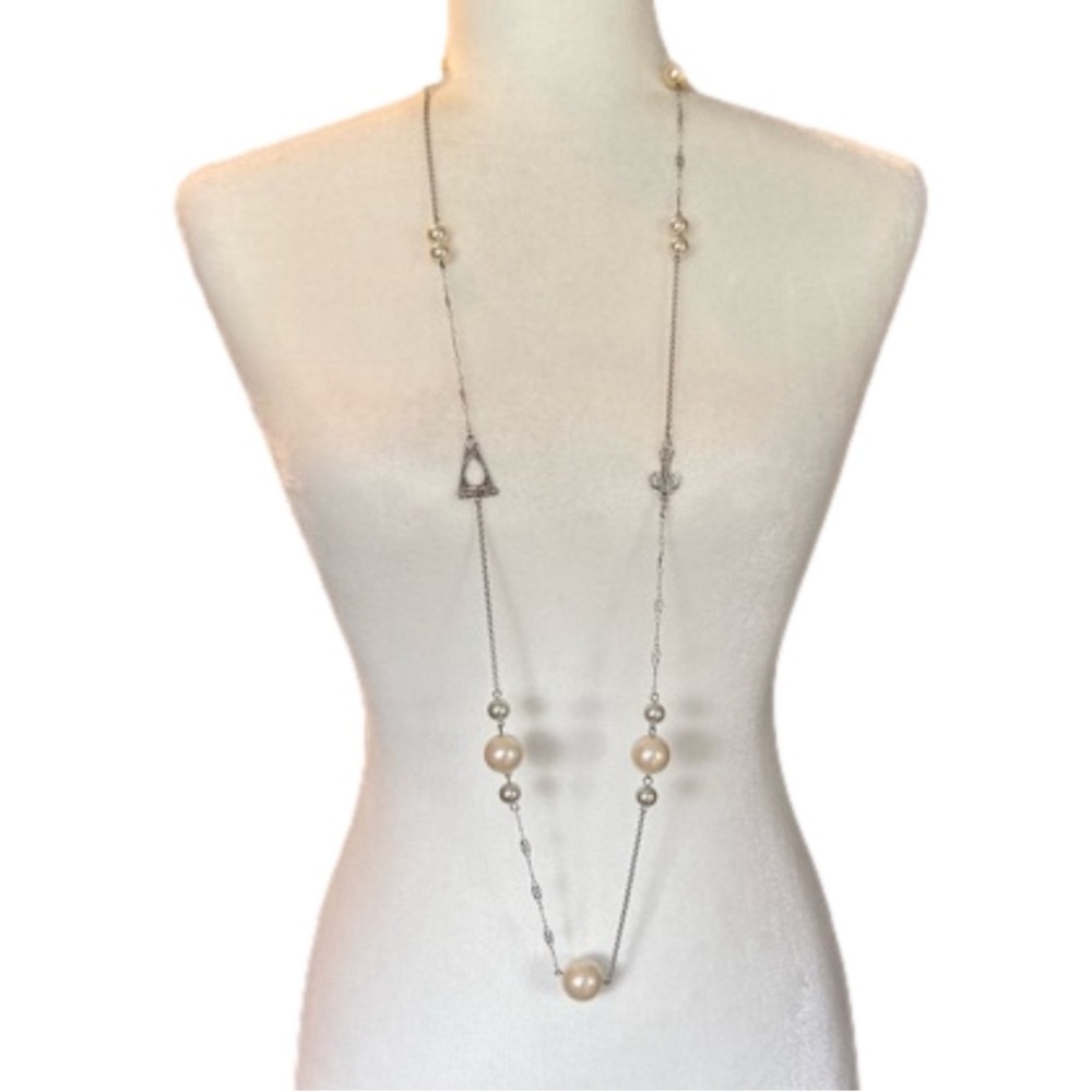 Long Faux Pearl Necklace 46” Silver Tone
